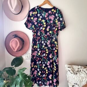 VINTAGE Navy Strawberry floral midi dress 100% SILK size 12 cottagecore market‎
